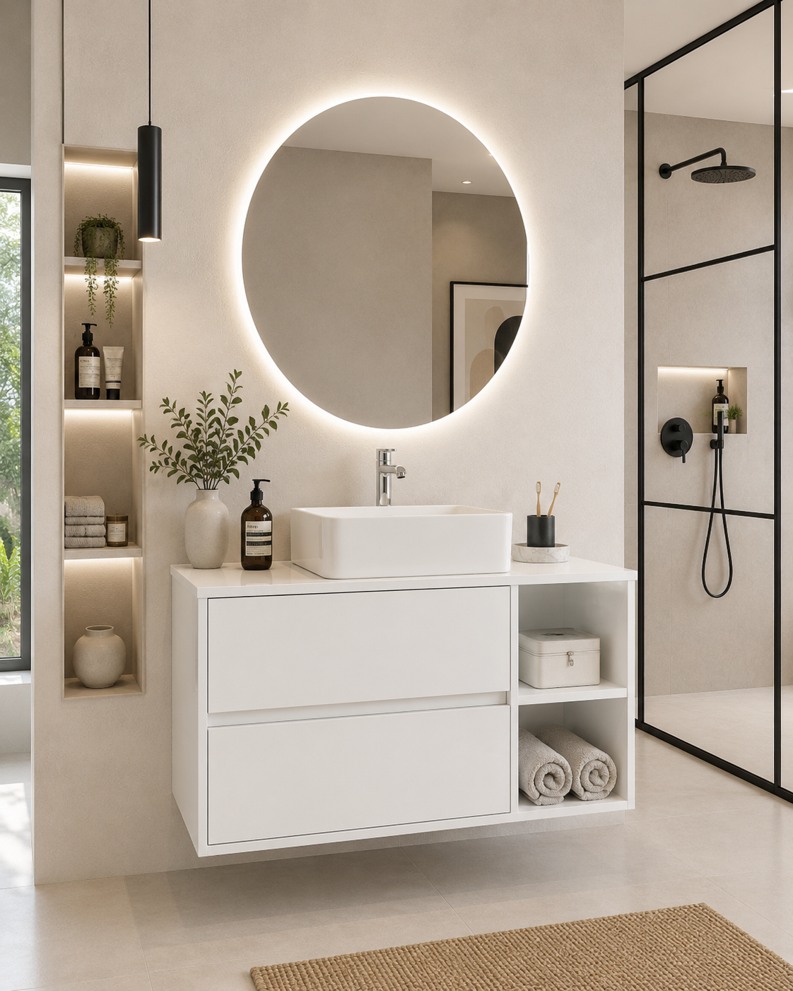 Mueble de baño ZEUS con encimera de madera y lavabo sobreencimera