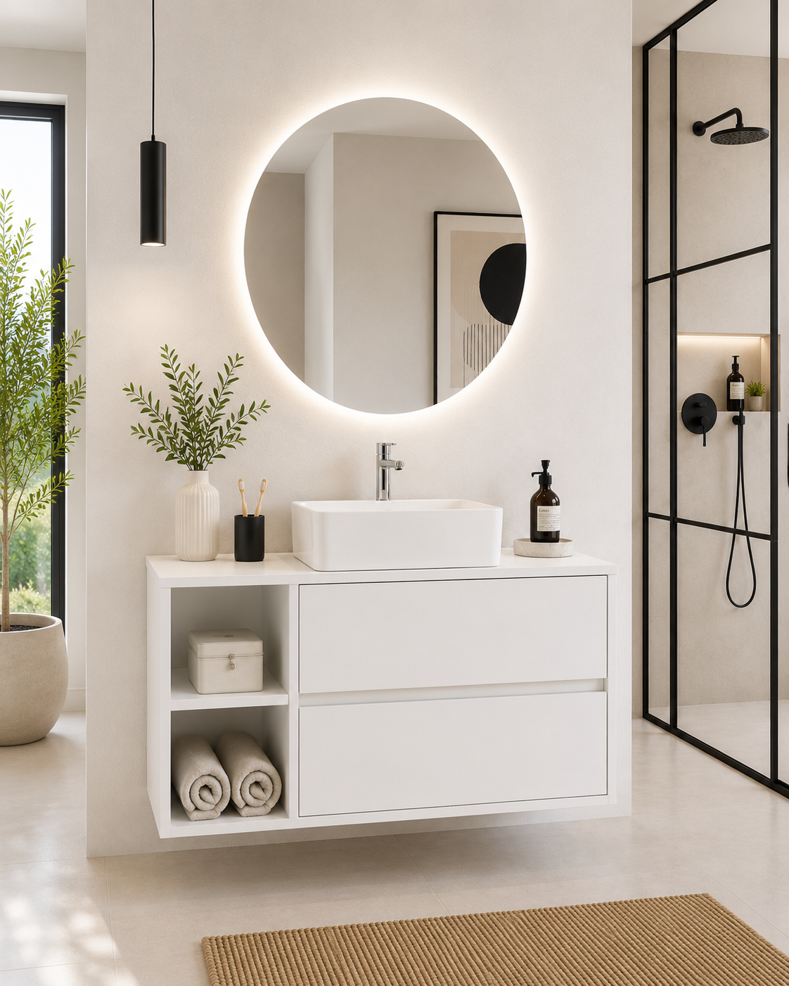 Mueble de baño ZEUS con encimera de madera y lavabo sobreencimera