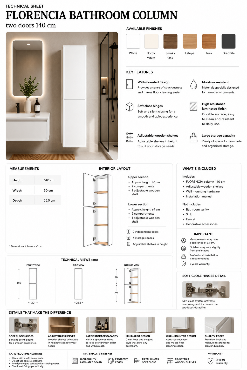 Columna de baño FLORENCIA dos puertas 140 cm