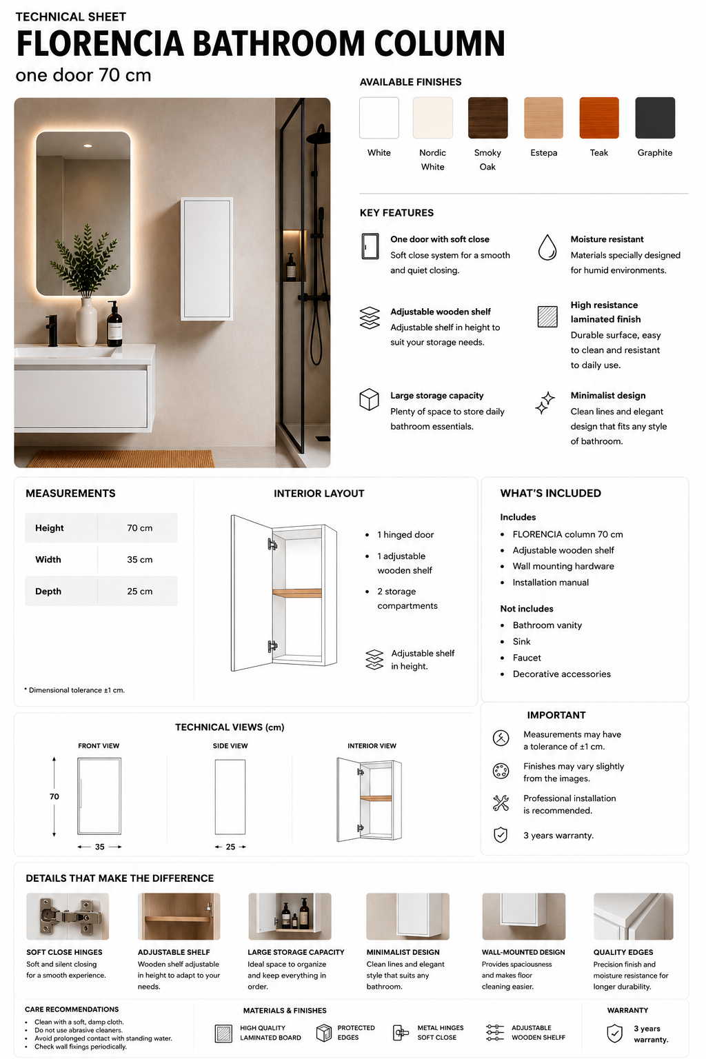 Columna de baño FLORENCIA una puerta 70 cm