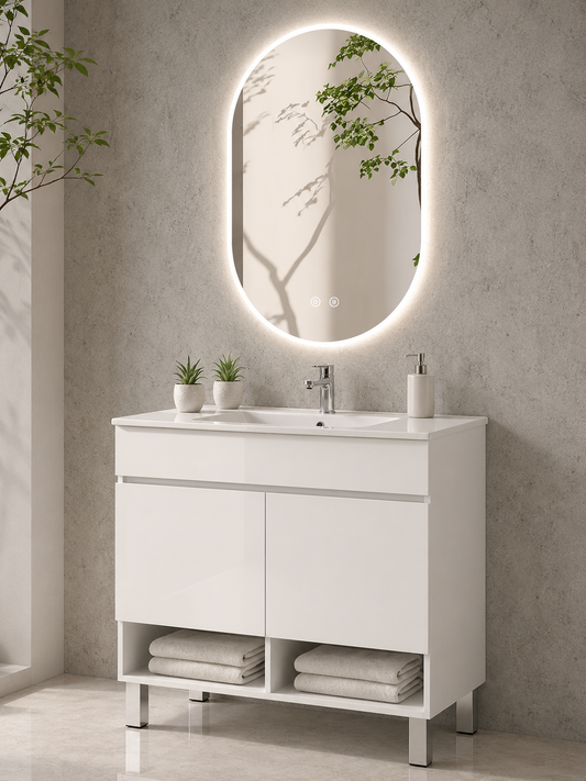 Mueble de baño con patas NEBARI con puertas y lavabo extraplano
