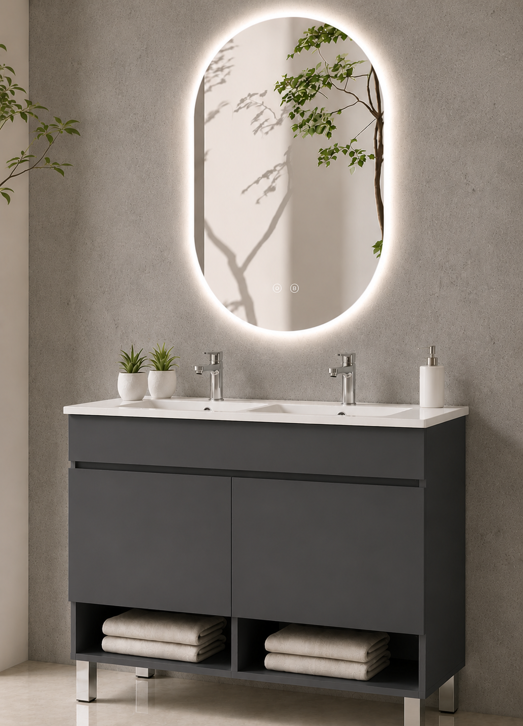 Mueble de baño con patas NEBARI con puertas y lavabo extraplano
