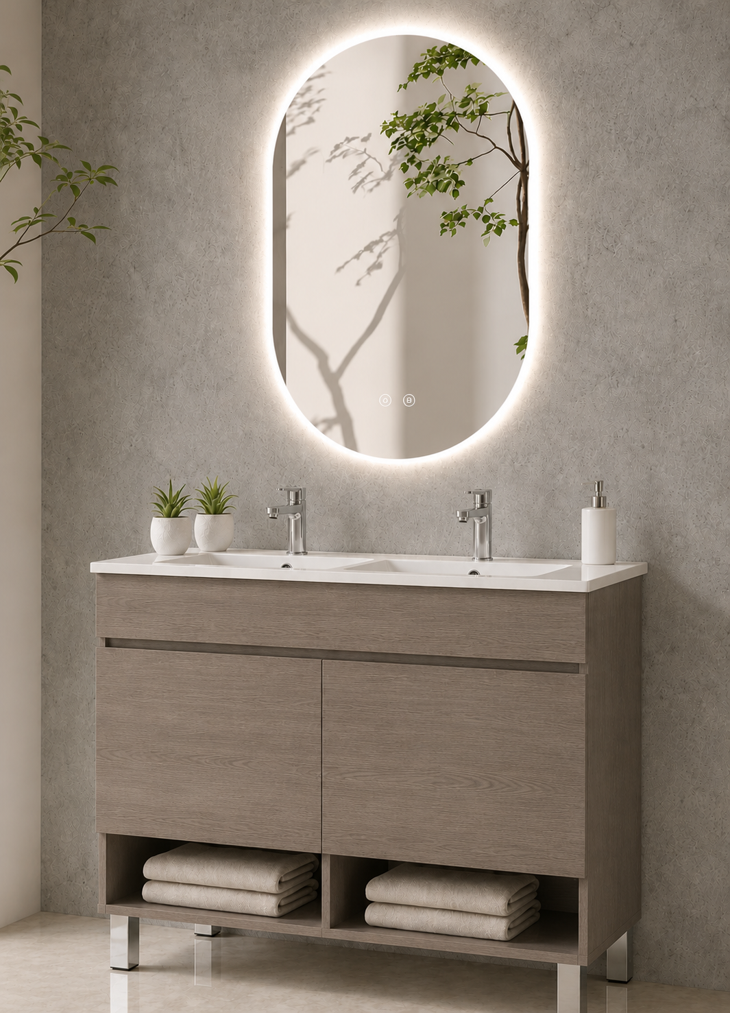 Mueble de baño con patas NEBARI con puertas y lavabo extraplano