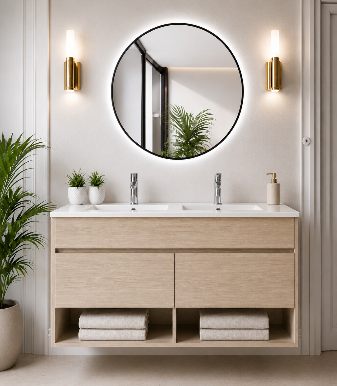 Mueble de baño con patas NEBARI con puertas y lavabo extraplano