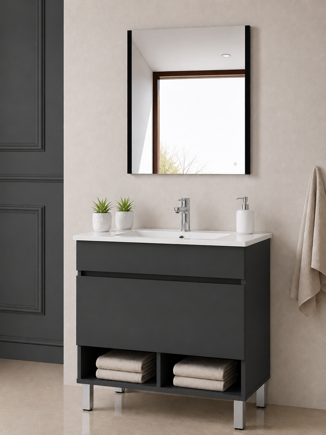 Mueble de baño con patas NEBARI con cajón y lavabo extraplano