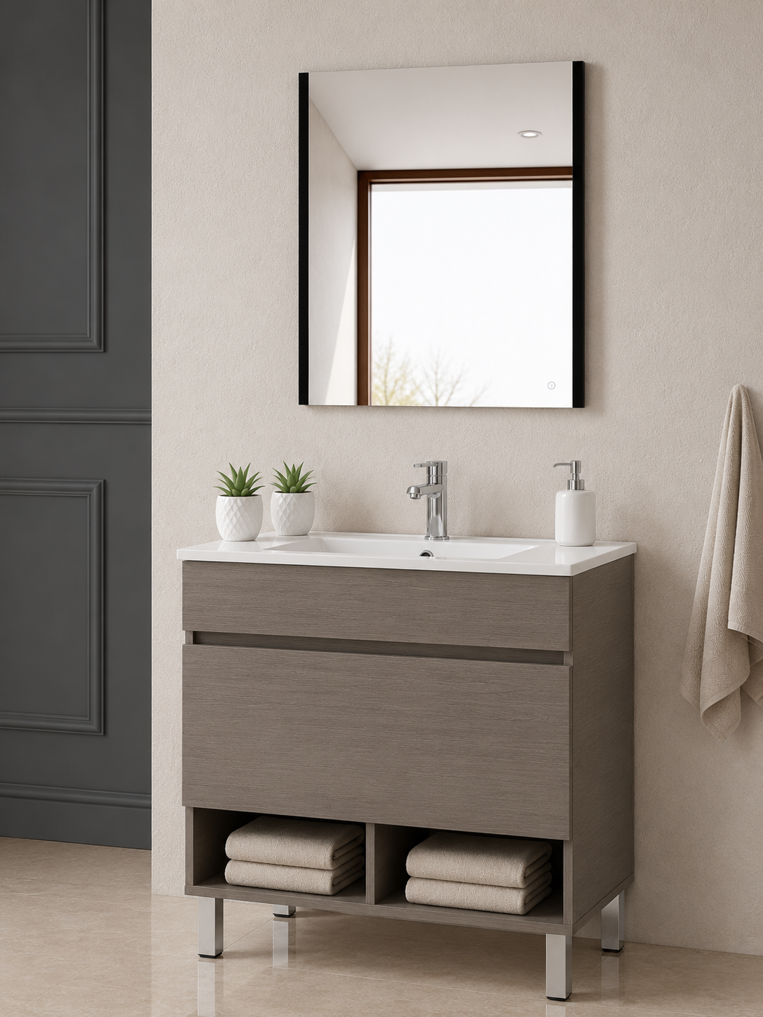 Mueble de baño con patas NEBARI con cajón y lavabo extraplano
