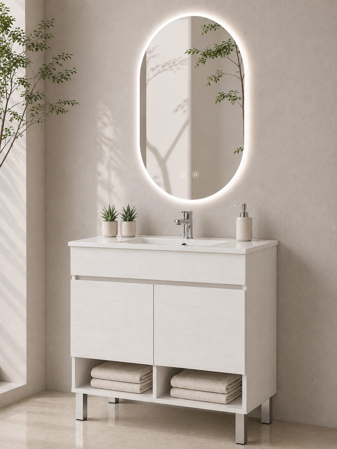 Mueble de baño con patas NEBARI con puertas y lavabo extraplano