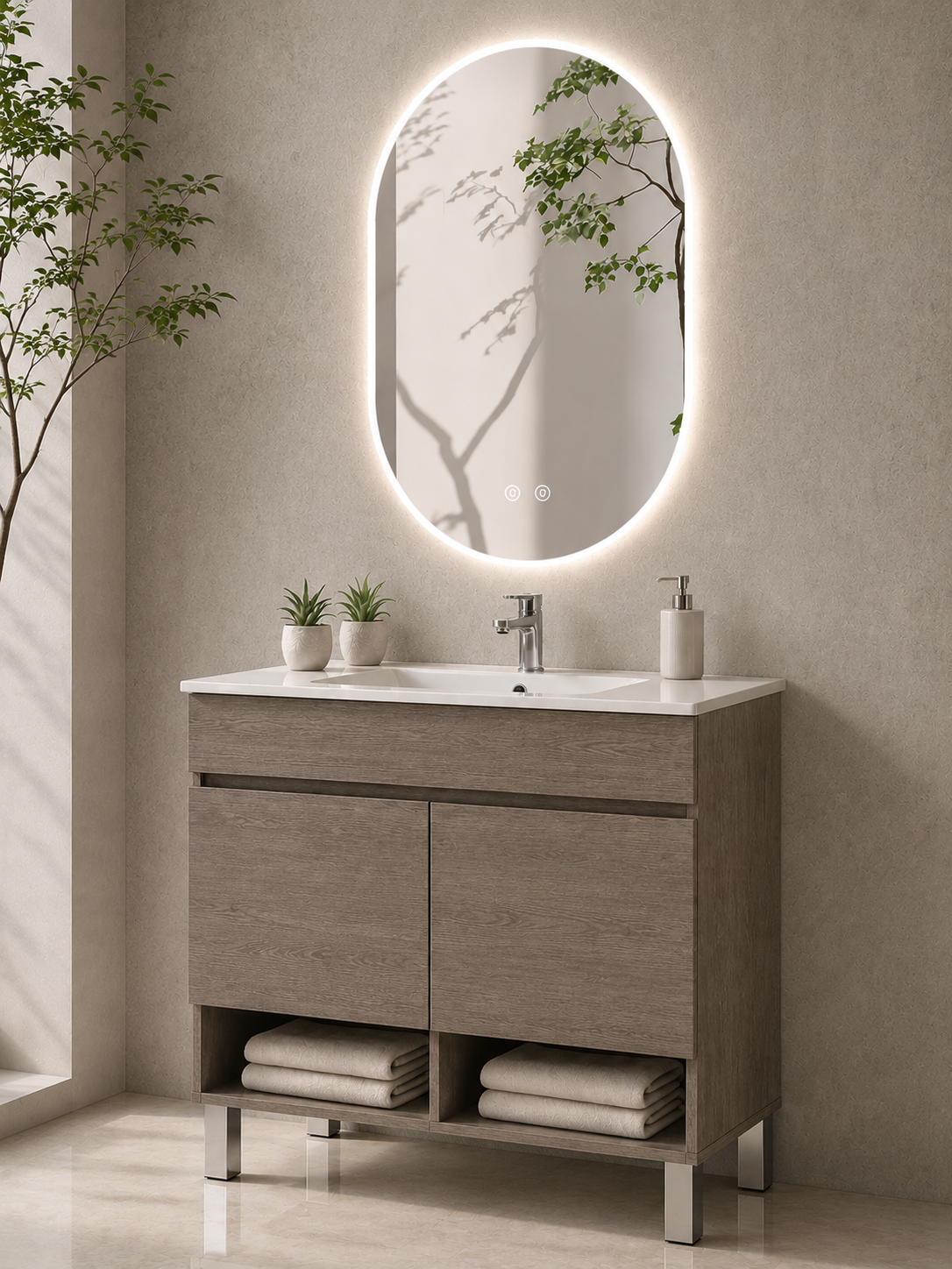 Mueble de baño con patas NEBARI con puertas y lavabo extraplano