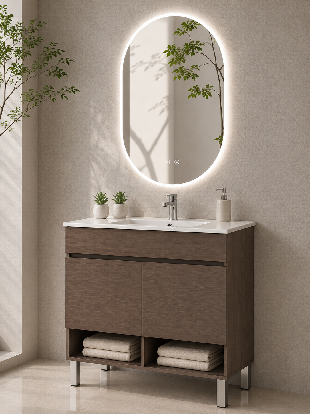 Mueble de baño con patas NEBARI con puertas y lavabo extraplano