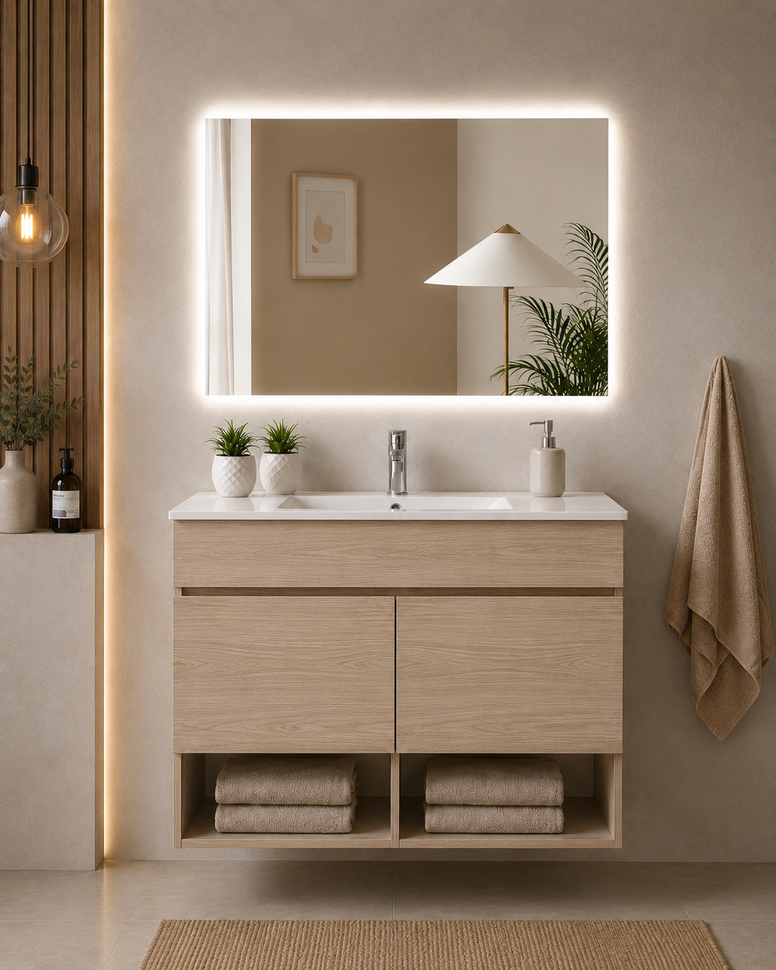 Mueble de baño suspendido NEBARI con puertas y lavabo extraplano