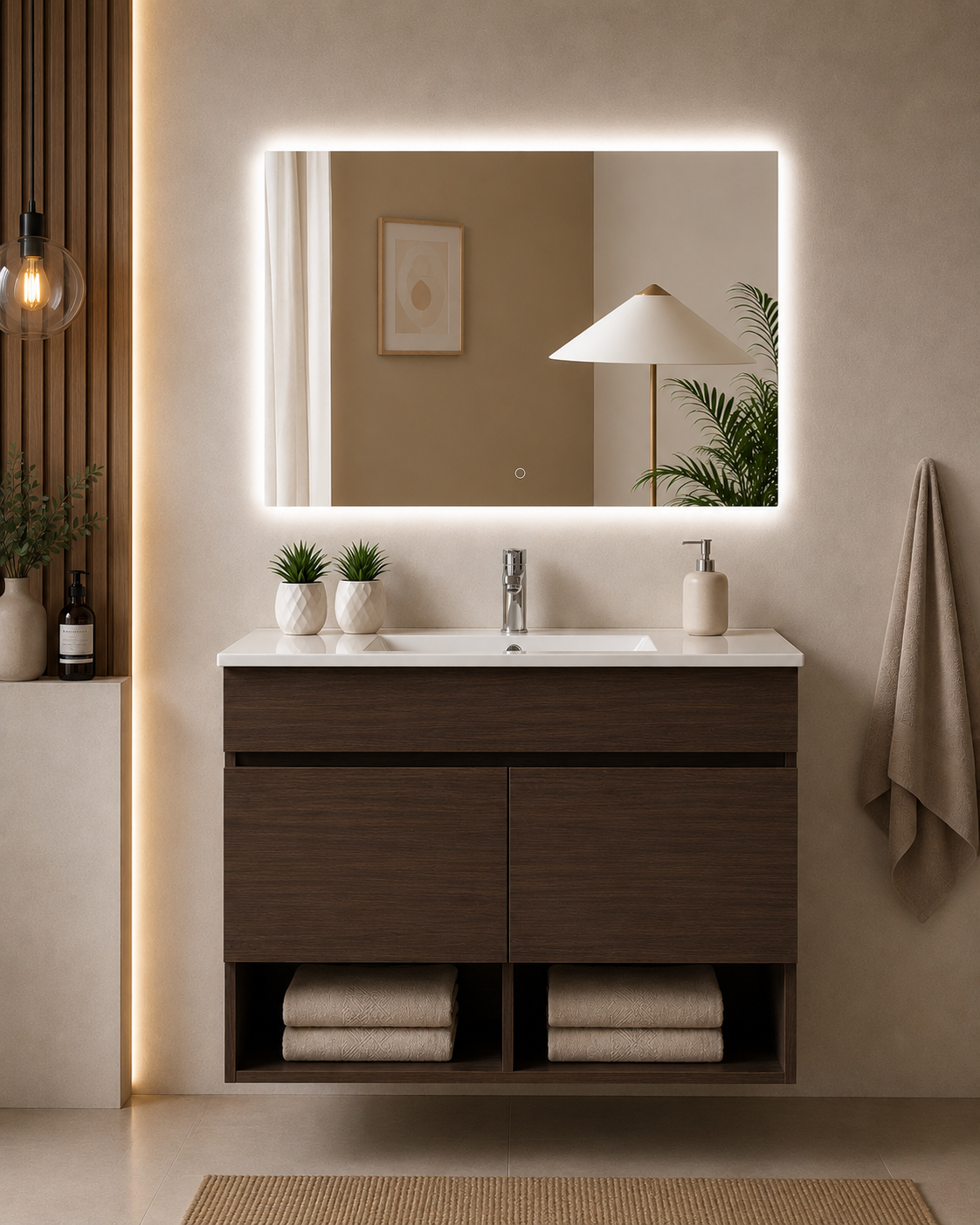 Mueble de baño suspendido NEBARI con puertas y lavabo extraplano