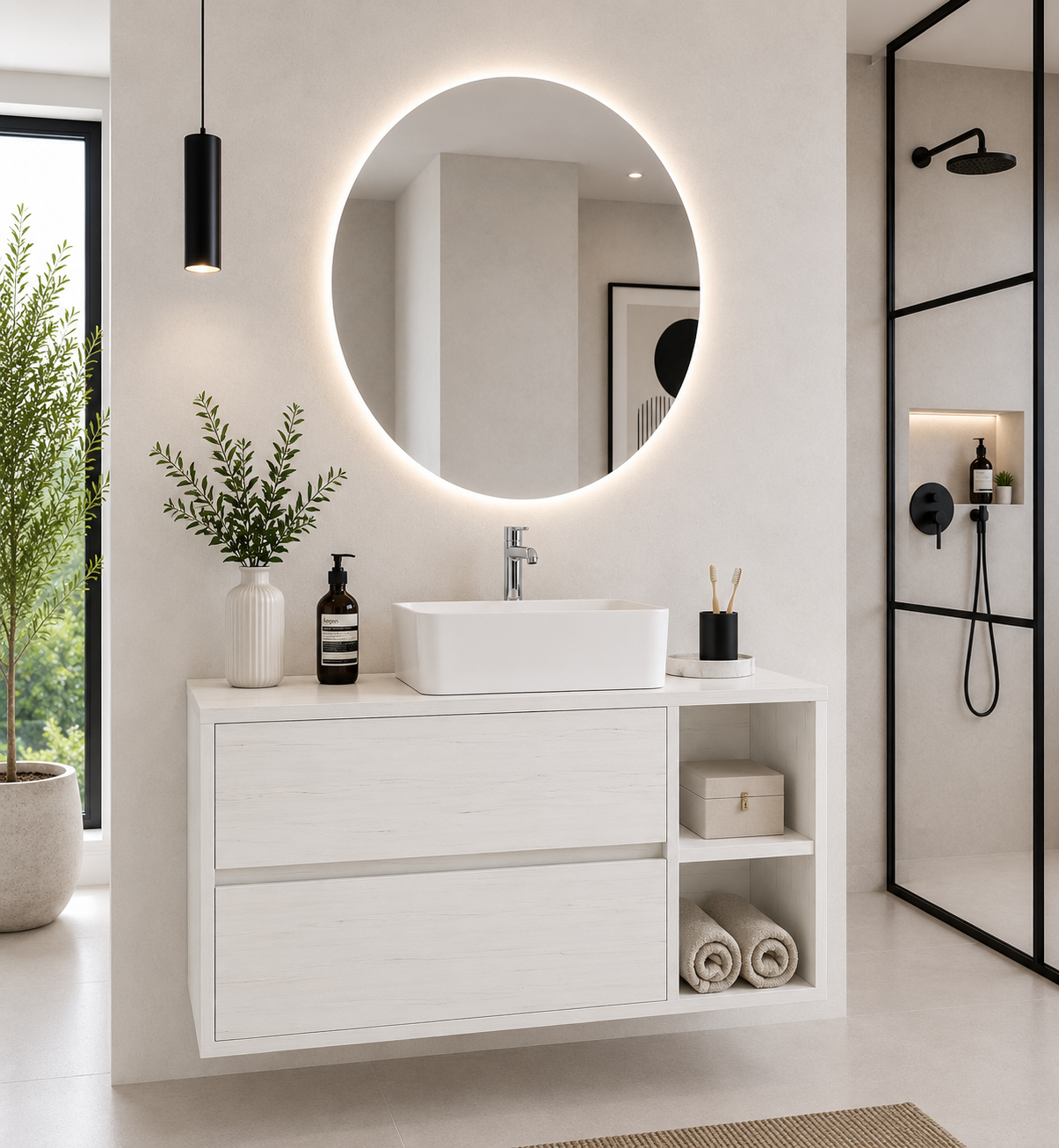 Mueble de baño ZEUS con encimera de madera y lavabo sobreencimera