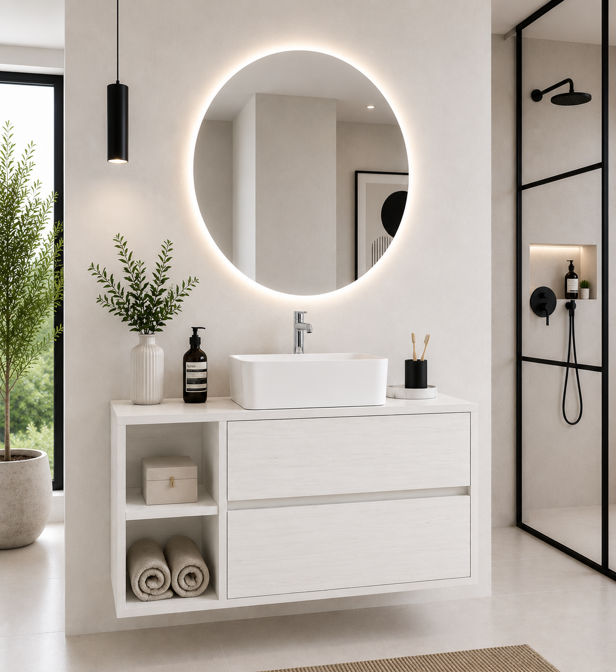Mueble de baño ZEUS con encimera de madera y lavabo sobreencimera