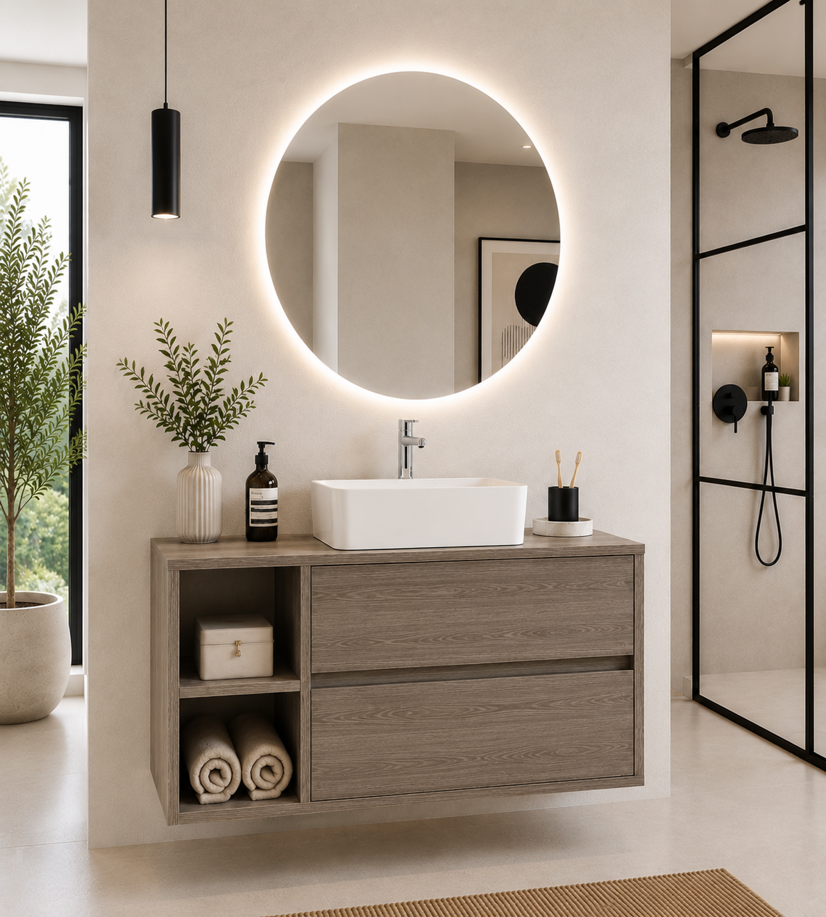 Mueble de baño ZEUS con encimera de madera y lavabo sobreencimera