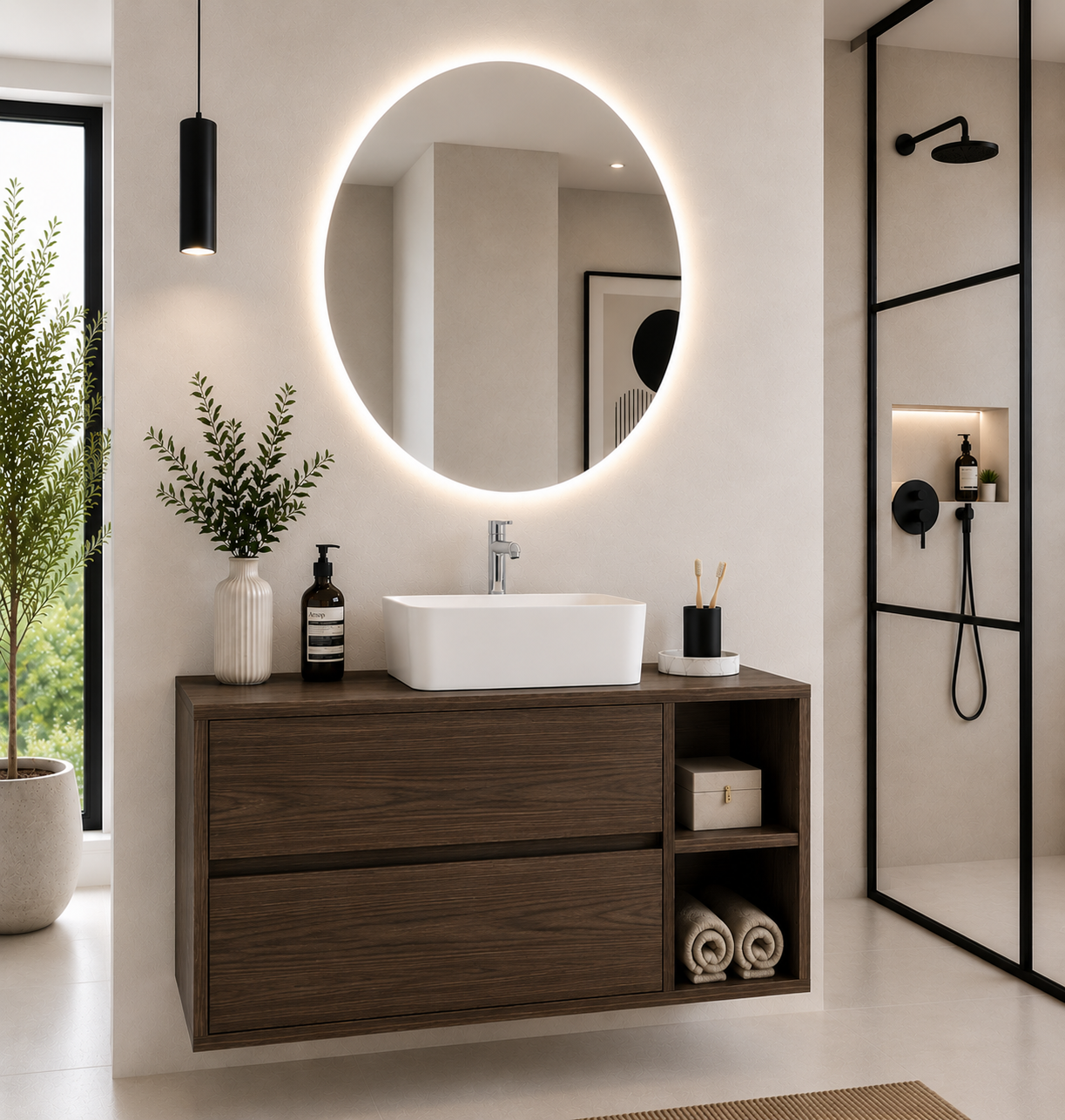 Mueble de baño ZEUS con encimera de madera y lavabo sobreencimera
