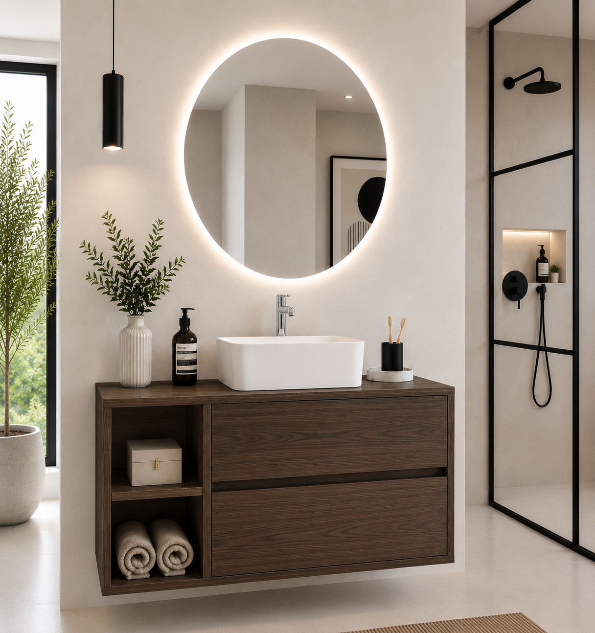 Mueble de baño ZEUS con encimera de madera y lavabo sobreencimera